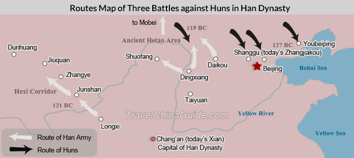 路线在汉朝对匈奴的三大战役的地图